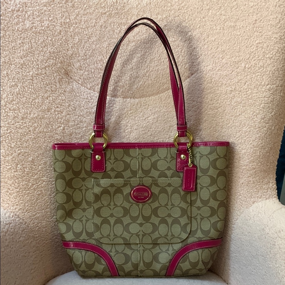 Coach Khaki Signature Tote with Pink Trim and Gold Hardware